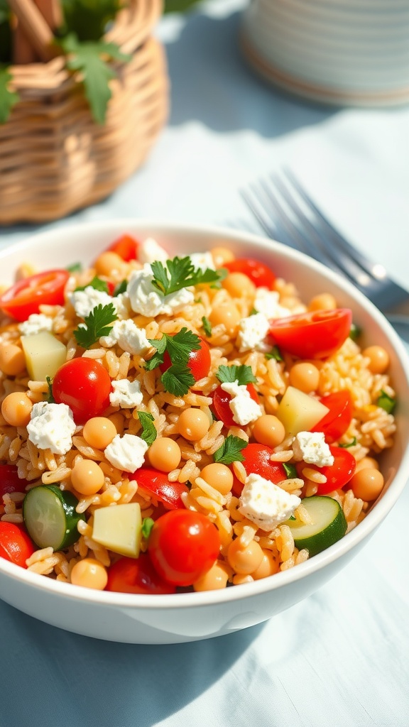 Refreshing Summer Orzo Pasta Salad with Chickpeas A colorful bowl of orzo pasta salad with chickpeas, tomatoes, cucumbers, and feta cheese, set against a sunny outdoor backdrop.